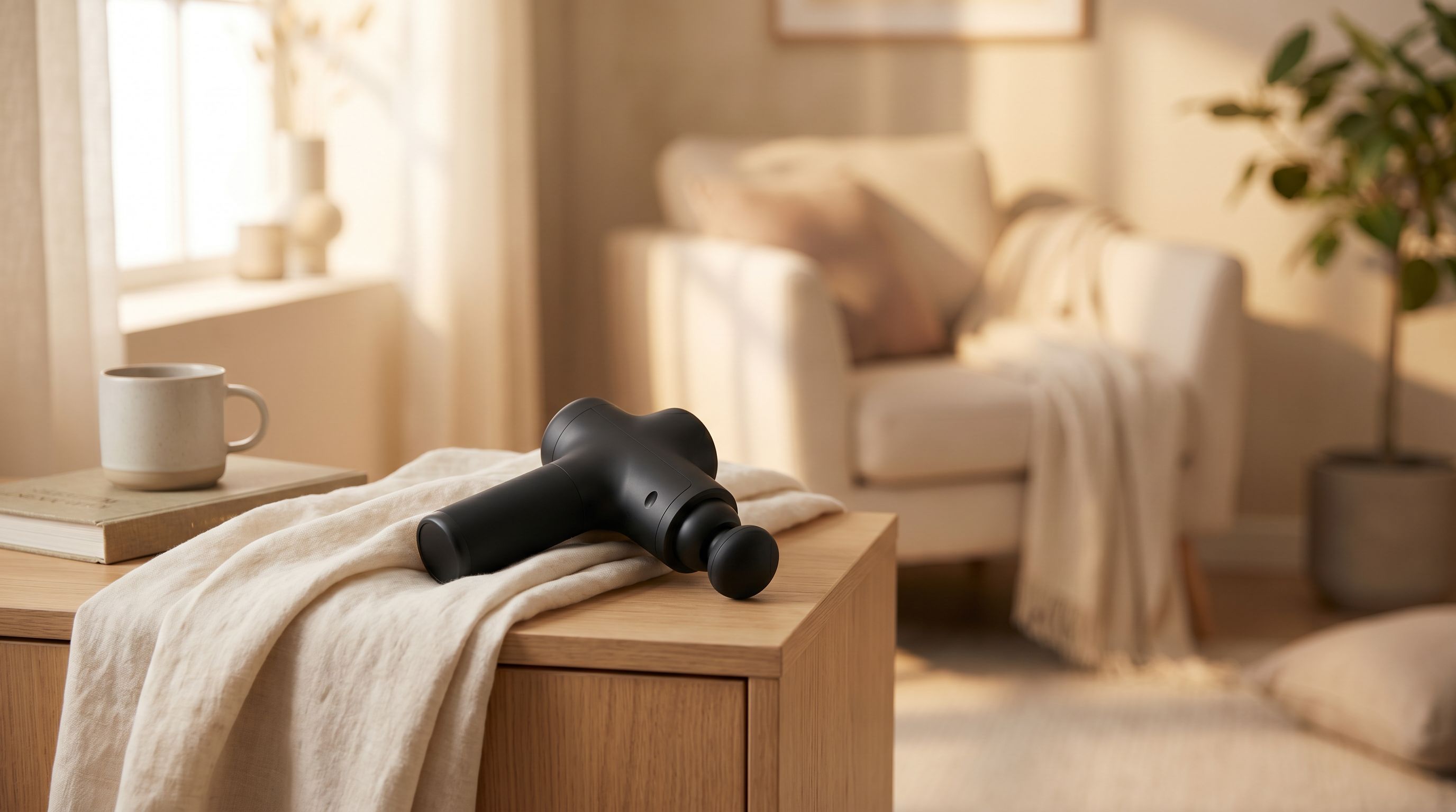 Pistolet de massage posé sur une table de chevet en bois clair, lumière de fin d'après-midi